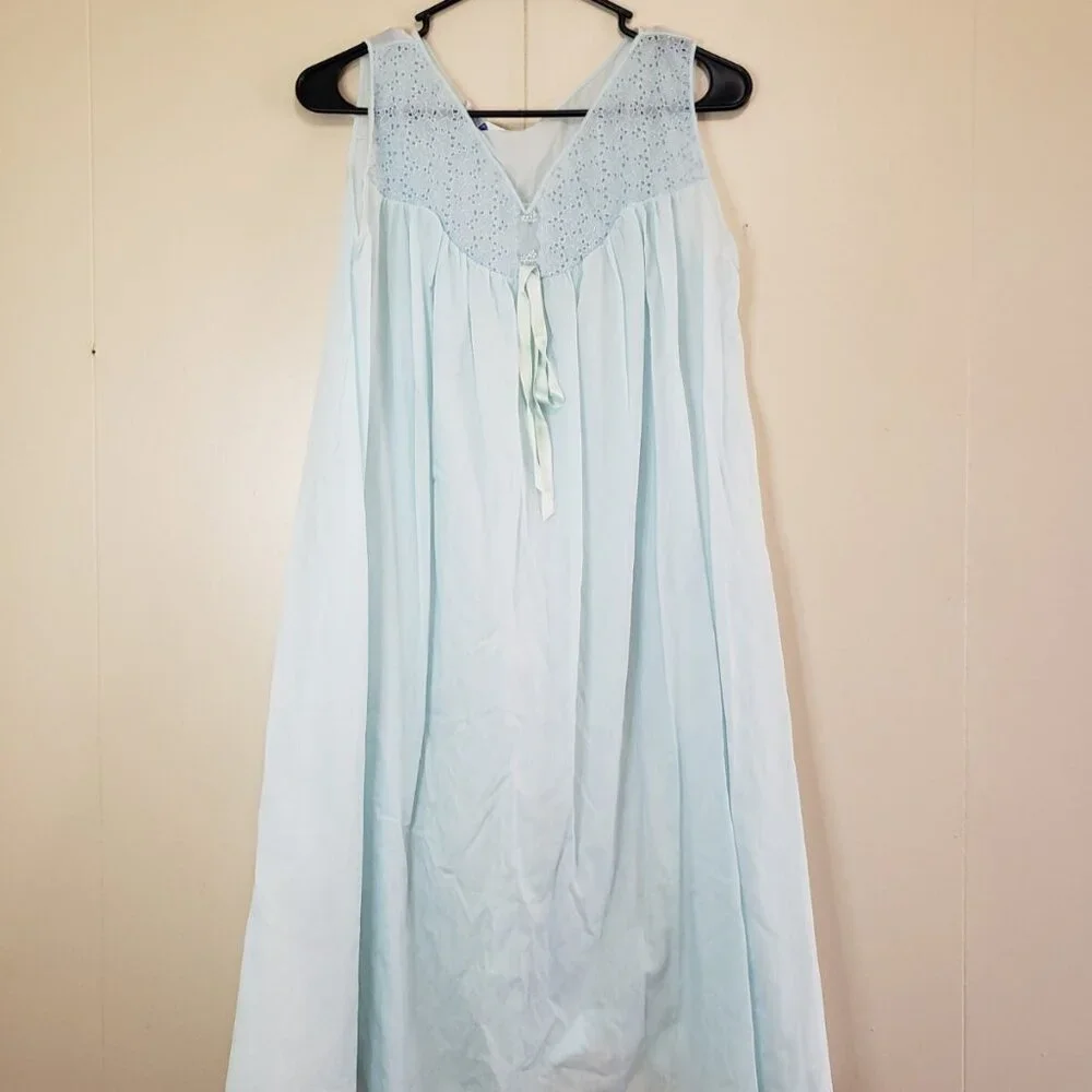 VTG Sears Womens 36 38 Nightgown Lgt Blue Floral Lace Sheath Dress Grannycore - Picture 1 of 8